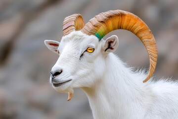 a majestic white goat with strikingly colorful horns against a blurred background.