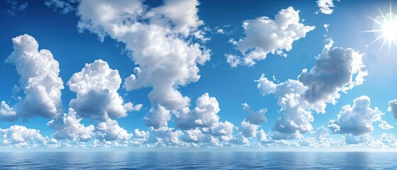 Wall Mural - A panoramic view of a blue sky with fluffy white clouds, creating a calming effect. Free copy space for text.