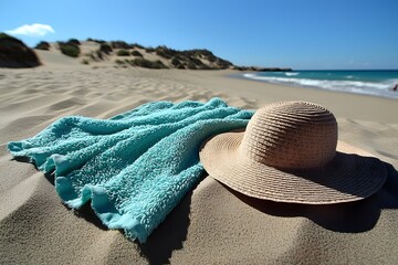 Sunny beach day essentials: hat and towel on sandy dunes near ocean waves