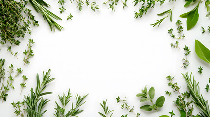 Fresh Green Herbs on White Background - Nature and Health Concept