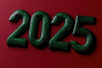 2025 Text in 3D Cartoon with Green Snake Skin Texture - Red Background