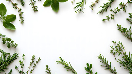 Fresh Green Herbs on White Background - Nature and Health Concept