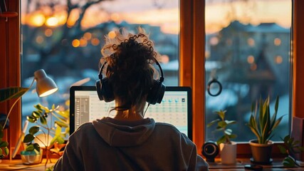 Leinwandbilder - A person sits at a desk in a cozy home office, wearing headphones and focused on their computer screen, surrounded by plants as the sun sets outside.