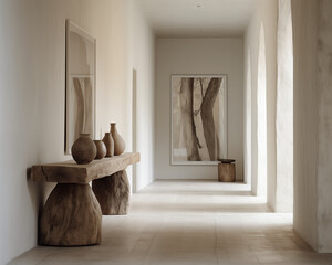 Wabi sabi and japandi japanese style rustic interior in in white and neutral with driftwood, pottery and texture elements