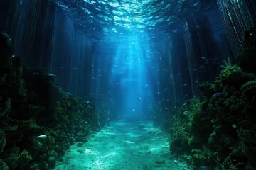 Underwater scene with vibrant marine life and sunlight filtering through clear water.