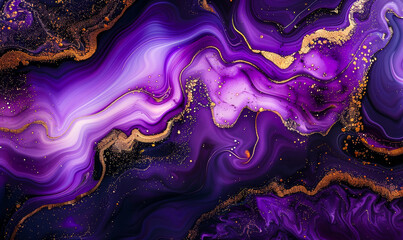 Wall Mural - Abstract Liquid Marbling Design in Purple and Black with Gold Powder Highlights - Contemporary Artistic Background Ideal for Graphic Design and Creative Projects