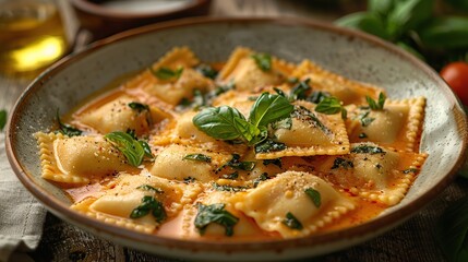 Wall Mural - Ravioli with Tomato Sauce and Basil