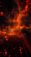 Poster - Futuristic 3D Orange Digital Grid Network Technology Background Render for Innovation, Cybersecurity, Data Visualization, and Advanced Tech Concepts.
