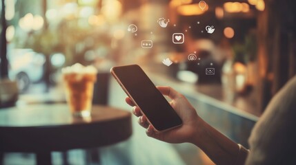 Poster - Woman using smartphone in a caf\'e9, surrounded by digital icons of social media. Focus on online shopping and messaging concepts.