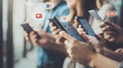 Poster - Diverse group using mobile phones, engaging with various social media platforms. Community and digital connectivity theme.