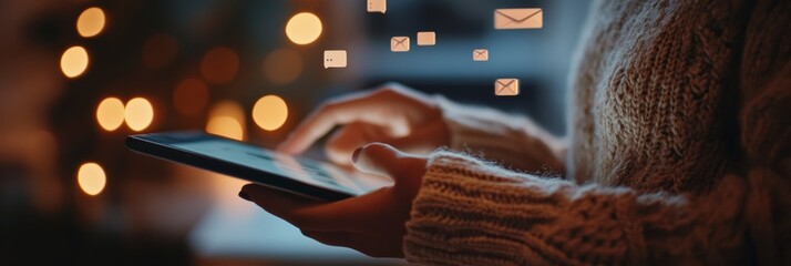 Poster - Using a smartphone in a festive setting with social media interaction icons floating around. Staying connected and engaged online during the holiday season.