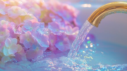 Poster - Water cascading from a golden faucet surrounded by colorful blossoms in a serene bathroom setting during daytime