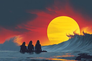 Mesmerizing sunset surfers silhouetted against dramatic ocean waves