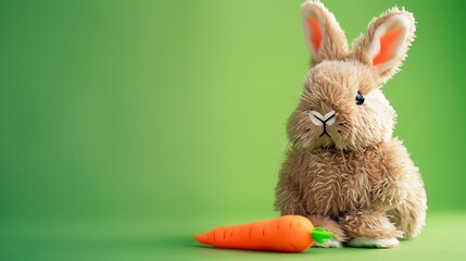 A bunny plush toy with a carrot beside it on a bright green background