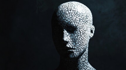 Poster - Abstract human face sculpture with black and white mosaic pattern in dramatic lighting.