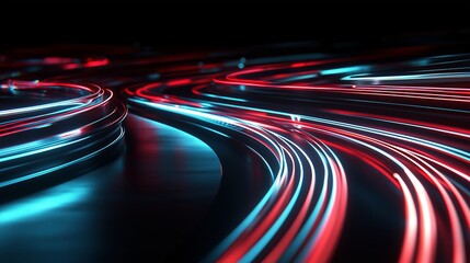 Poster - Colorful light trails flowing on a dark surface create a mesmerizing abstract pattern at night, showcasing dynamic movement and energy