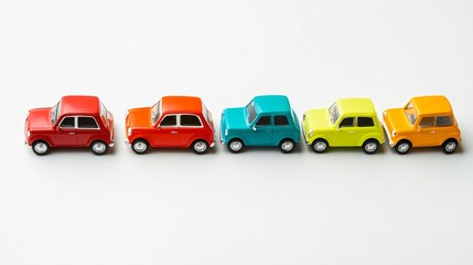 Wall Mural - Toy cars in different colors, placed in a line, isolated on a white surface