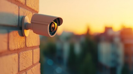 Security camera mounted on a brick wall, overlooking a cityscape at sunset. Ideal for surveillance and security concepts.