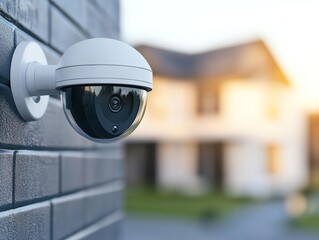 Close-up of a modern security camera mounted on a brick wall with a blurred house in the background, showcasing home surveillance technology.