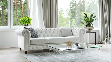 A stylish white modern living room with a plush white sofa, sleek glass coffee table, and contemporary home decor accents, featuring bright natural light from large windows