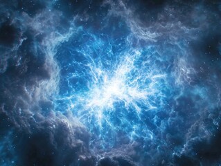 Aufkleber - A mesmerizing blue particle explosion generates a glowing sphere of light, with radiant particles expanding outward, evoking a sense of cosmic wonder and energy.