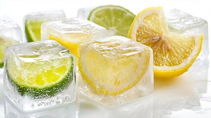 Citrus-flavored ice cubes with lemon and lime slices frozen inside, isolated on a clean white surface