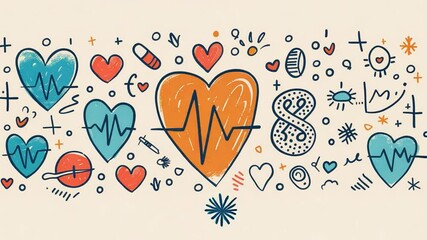 Aufkleber - A vibrant collection of hand-drawn hearts, medical symbols, and playful doodles celebrates health and wellness. The artwork combines creativity with a positive message about vitality.