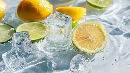 Lemon and lime-infused sparkling water with ice cubes, isolated on a transparent glass surface