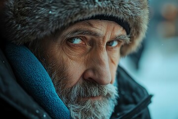 senior man with fur hat looking at winter landscape