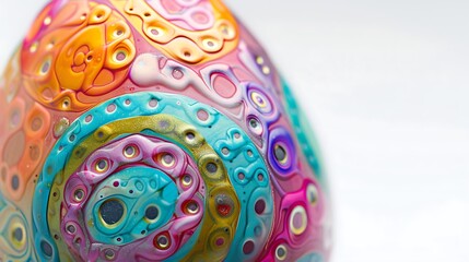 A close-up of an Easter egg with a swirl pattern on a white background