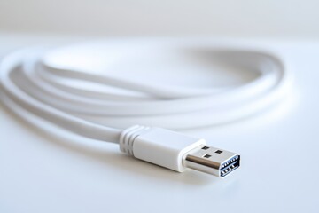 White USB Cable Isolated with Clipping Path. Closeup View of Technology Equipment for Computer Connection