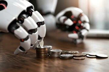 Poster - close-up of humanoid robot placing coin over stack of coins at desk