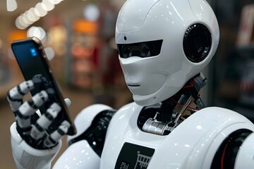 Poster - Close-up Of A Humanoid Robot's Hand Doing Online Shopping On Smartphone.