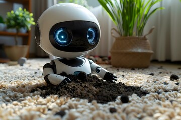 Wall Mural - Photo Of Humanoid Robot Cleaning Dirt On Carpet