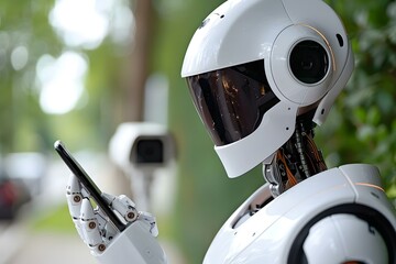 Poster - Humanoid Robot Hand Holding Mobile Phone Detecting Burglar In Security System With Surveillance Camera Behind