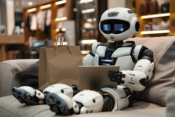 Poster - Humanoid Robot Sitting On Couch Shopping Online