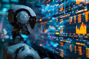 Poster - Over the shoulder view of the humanoid robot's computer screens trading in a bull market showing ascending graphs, artificial intelligence, code, stocks, technology, and more.