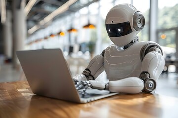 Poster - young humanoid robot video conferencing with his colleagues on laptop over wooden desk in the office