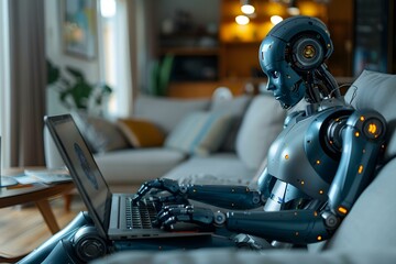 Poster - cropped image of humanoid robot using laptop for video conference at home, robot, chat, ai, artifici