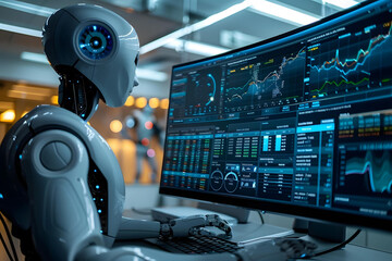 Humanoid robot analyzing Financial KPI data on computer dashboard.