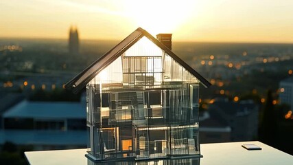 Aufkleber - The glass model home sits elegantly against a vibrant sunset, highlighting its detailed architecture and reflecting the distant city lights in the background.