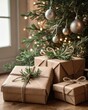 © Pedro Llinas - Three brown boxes with ribbons tied to them are sitting under a Christmas tree. Christmas, Christmas tree
