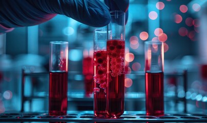 Gloved scientist holding vials in a laboratory setting, medical research, precision testing.