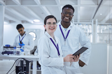 Aufkleber - Collaboration, smile and tablet in lab, scientist and analysis of medicine for cure, healthcare and digital. Helping, woman and person with glasses, chemistry and medical research for mpox in clinic