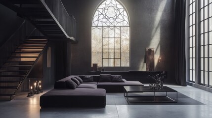 Contemporary Gothic living space featuring a grand tracery window, minimalist furnishings, and atmospheric lighting. Grayscale palette with deep purple accents. Wide-angle perspective.
