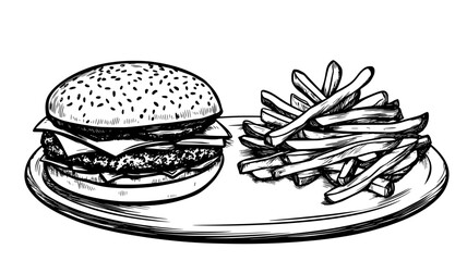 Wall Mural - Burger placed next to a pile of fries on a white plate, food vector graphic