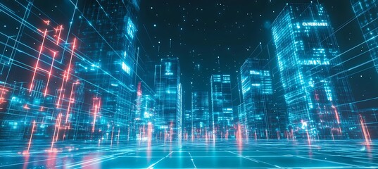 Poster - Holographic billboards and glowing digital grids light up the futuristic cityscape
