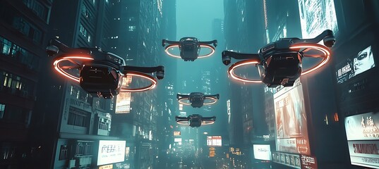 Poster - A futuristic cityscape with glowing digital grids and holographic billboards