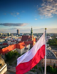 polish flag above poznan city