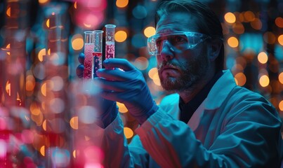 Wall Mural - Gloved scientist holding vials in a laboratory setting, medical research, precision testing.